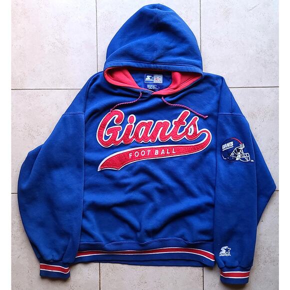 New York Giants 90s STARTER hoodie Script sweatshirt L blue red NFL Football vtg
